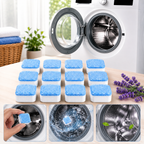 Twelve blue and white washing machine cleaner tablets on a wooden table with a washing machine in the background.