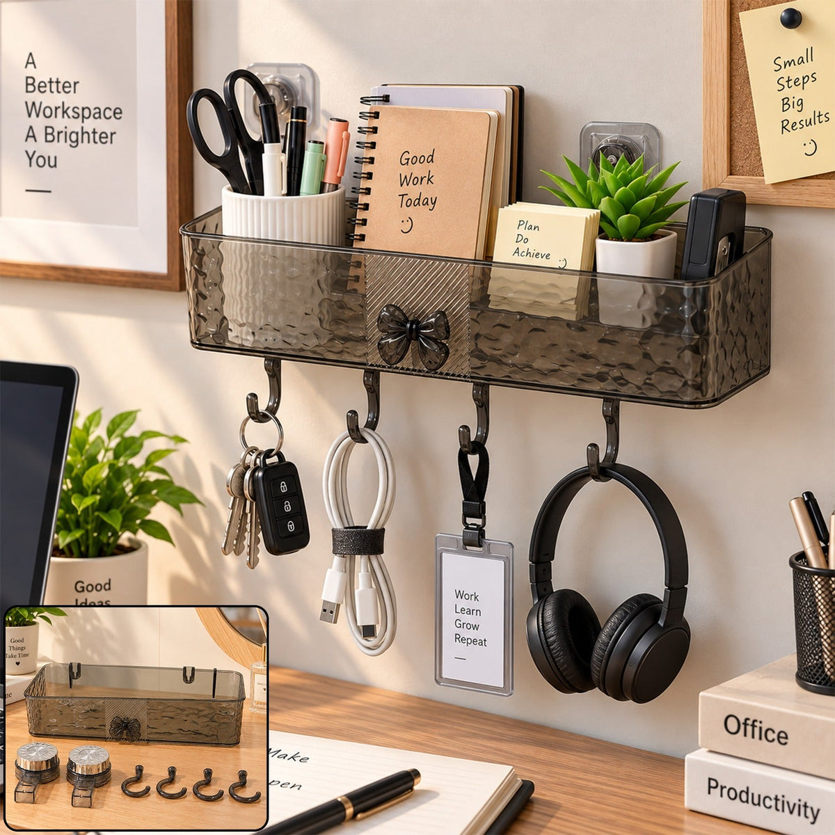 A dark gray plastic wall-mounted storage shelf with four hooks, holding office supplies, keys, and headphones.