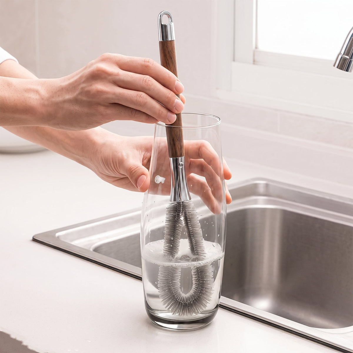 A person uses the long-handled grey brush to clean a tall, clear drinking glass filled with water in a sink.