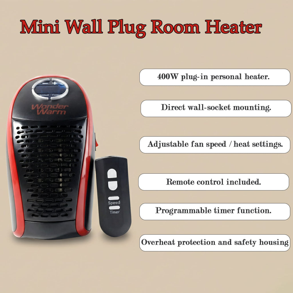 Mini wall plug room heater with remote control and a list of its key features.