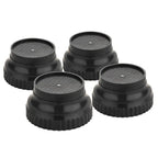 Four black round washing machine support legs with textured tops are arranged in a square on a white background.