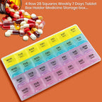 The rainbow-colored pill organizer on an orange background, with an overturned bottle spilling colorful pills in the corner.