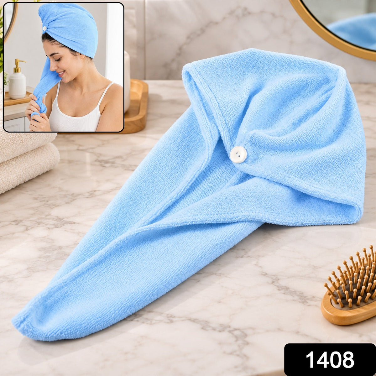 A light blue microfiber hair towel wrap with a button closure lies on a marble countertop, with a woman wearing one.