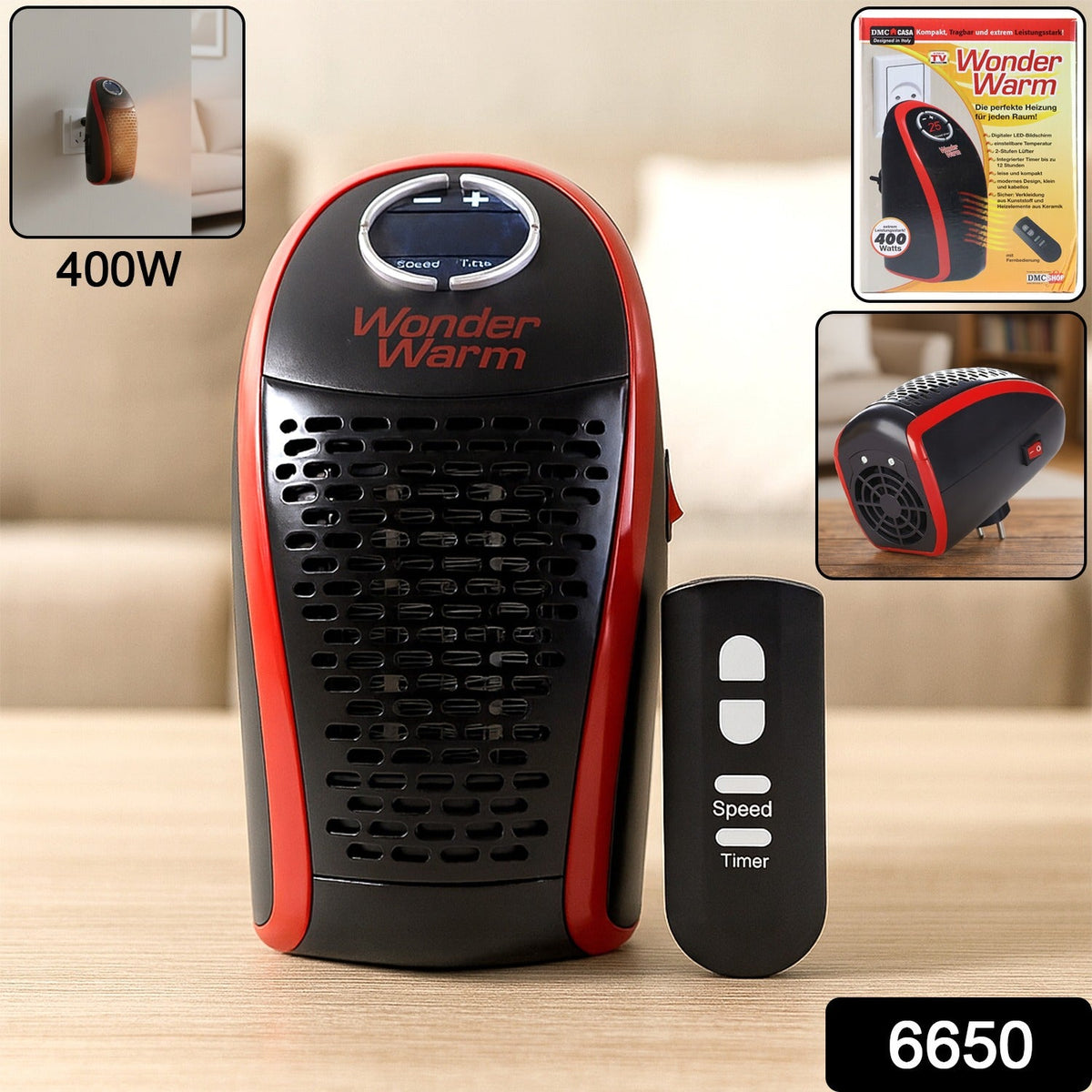 Black and red Wonder Warm heater with remote control, displaying 400W power and product number 6650.
