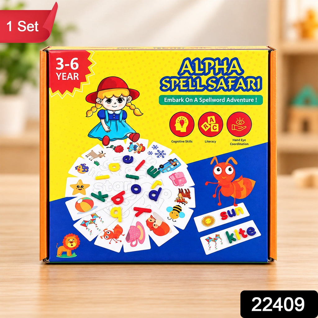 A yellow and blue box for Alpha Spell Safari, with a red tag indicating it is a “1 Set” product.