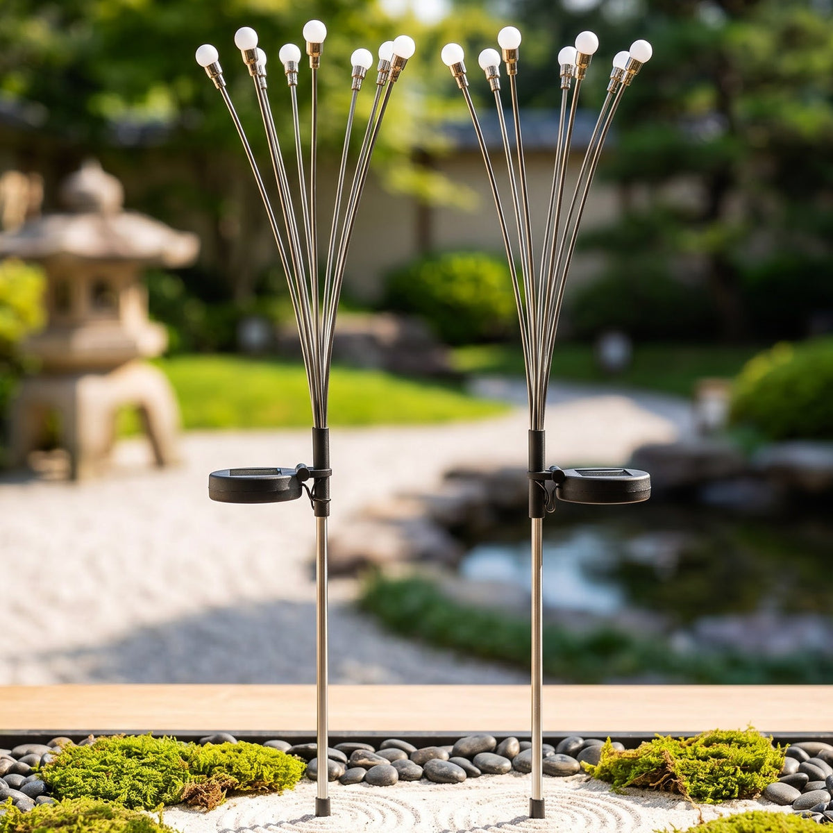 Two solar firefly lights with silver stems and white bulbs stand in a Japanese-style garden with raked gravel.