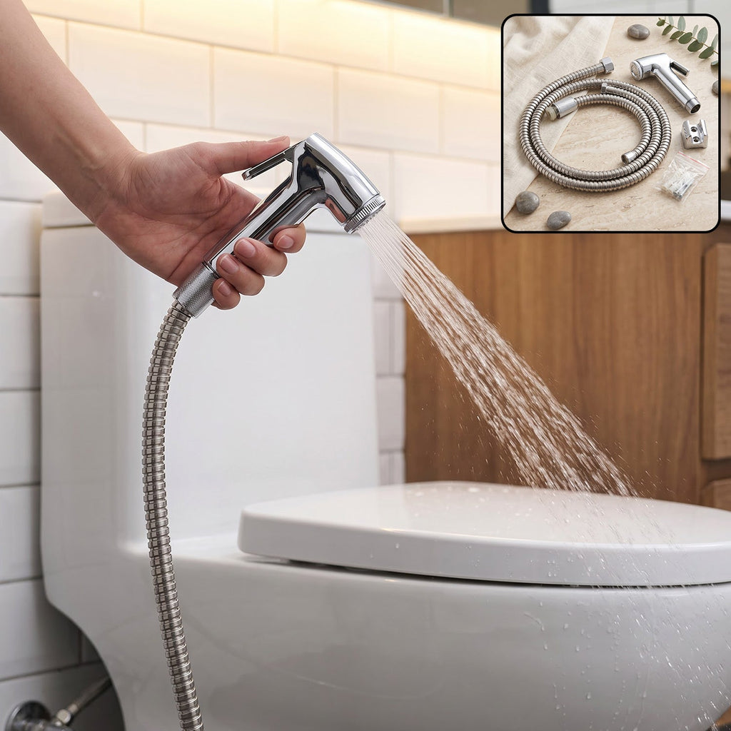 A hand holds a chrome bidet sprayer, spraying water towards a white toilet in a tiled bathroom.
