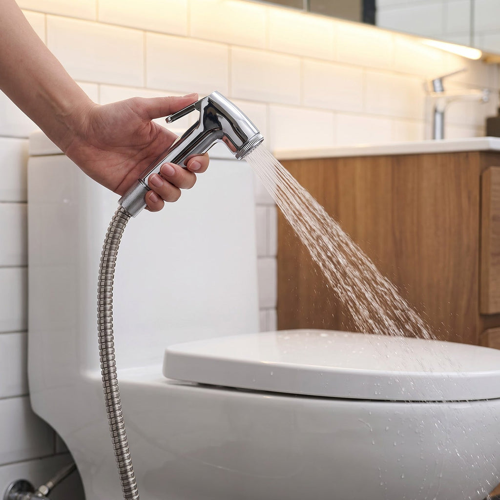 A hand holds a chrome bidet sprayer, spraying water towards a white toilet in a tiled bathroom with warm lighting.