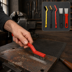A hand uses a red wire brush to clean rust from a metal surface, with the full 5-piece set shown in the top right corner.
