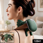 Woman wearing a green bionic neck massager for neck and shoulder relaxation