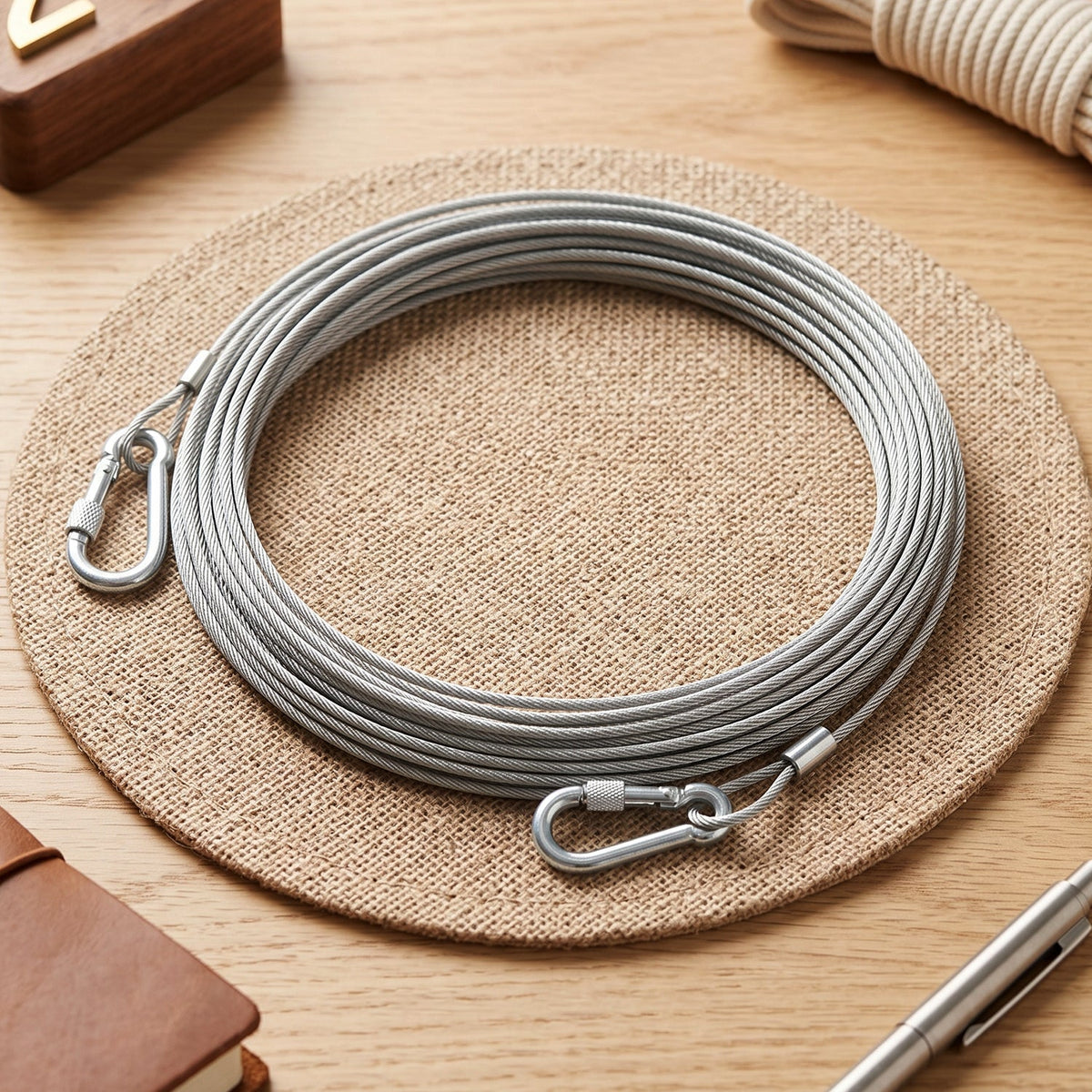 A coiled silver stainless steel wire rope with two carabiner hooks rests on a round woven mat.