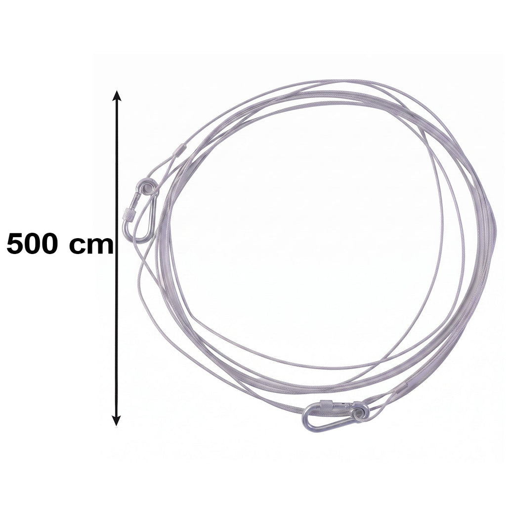 A silver stainless steel wire rope with two carabiner hooks is shown with a 500 cm measurement indicator.
