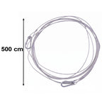A silver stainless steel wire rope with two carabiner hooks is shown with a 500 cm measurement indicator.
