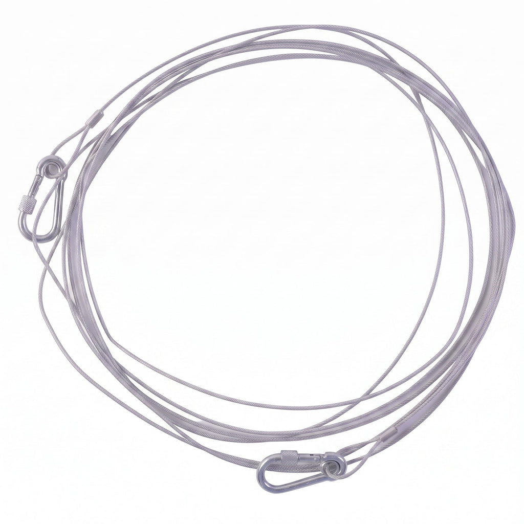 A silver stainless steel wire rope with two carabiner hooks is loosely spread out on a white background.