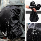 Collage showing water splashing off a black rain cover on a backpack, and the cover being squeezed in a hand.