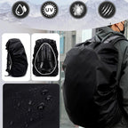 Collage showing a black backpack rain cover from different angles, a close-up of water beading on the fabric, and a person
