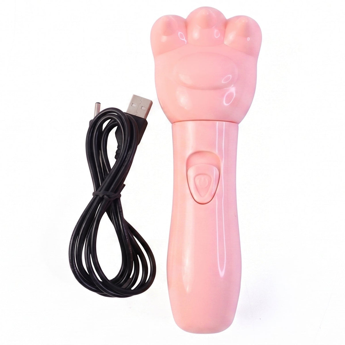 A pink bear paw shaped massager with a power button and its coiled black USB charging cable are on a white background.