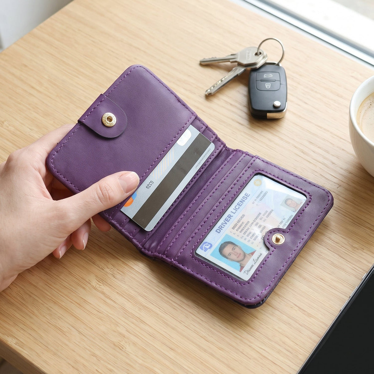 A hand holds an open purple bifold wallet with a credit card and driver's license inside, on a wooden table with keys and a