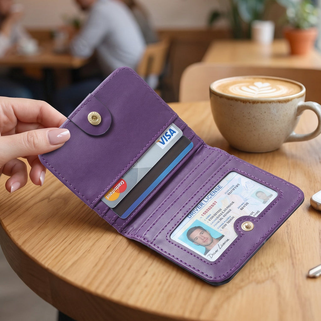 A hand holds an open purple bifold wallet displaying credit cards and a driver's license, with a coffee cup in the
