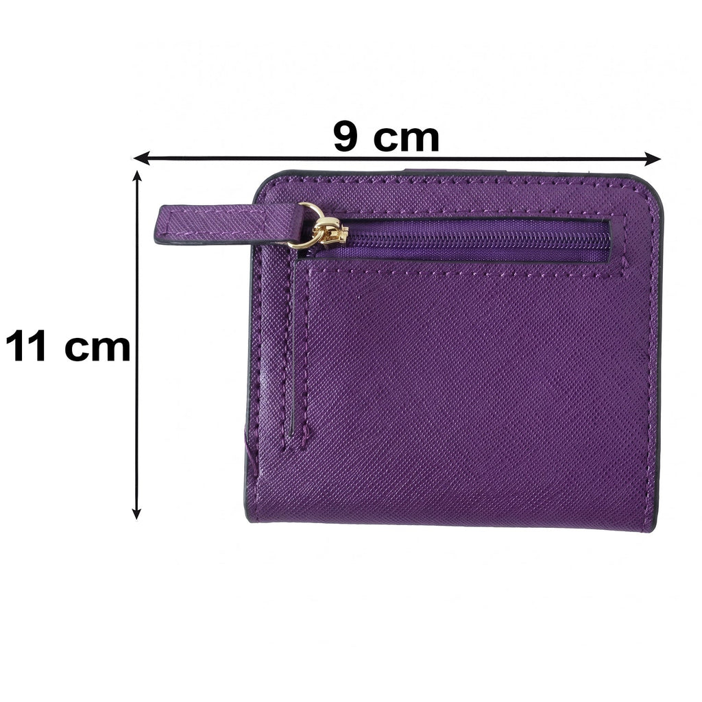 A closed purple bifold wallet with a gold-zippered coin pouch on the back, showing dimensions of 9 cm width and 11 cm height.