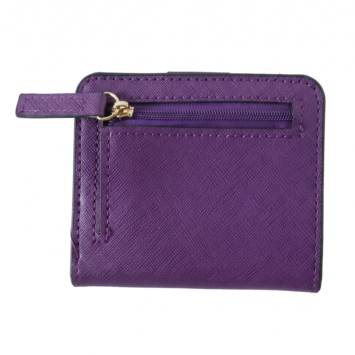 A closed purple bifold wallet with a textured surface and a gold-zippered coin pouch on the back.