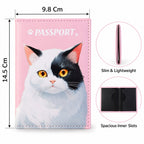 The pink passport holder with a cat illustration is shown with its dimensions, a slim side view, and an open view of its