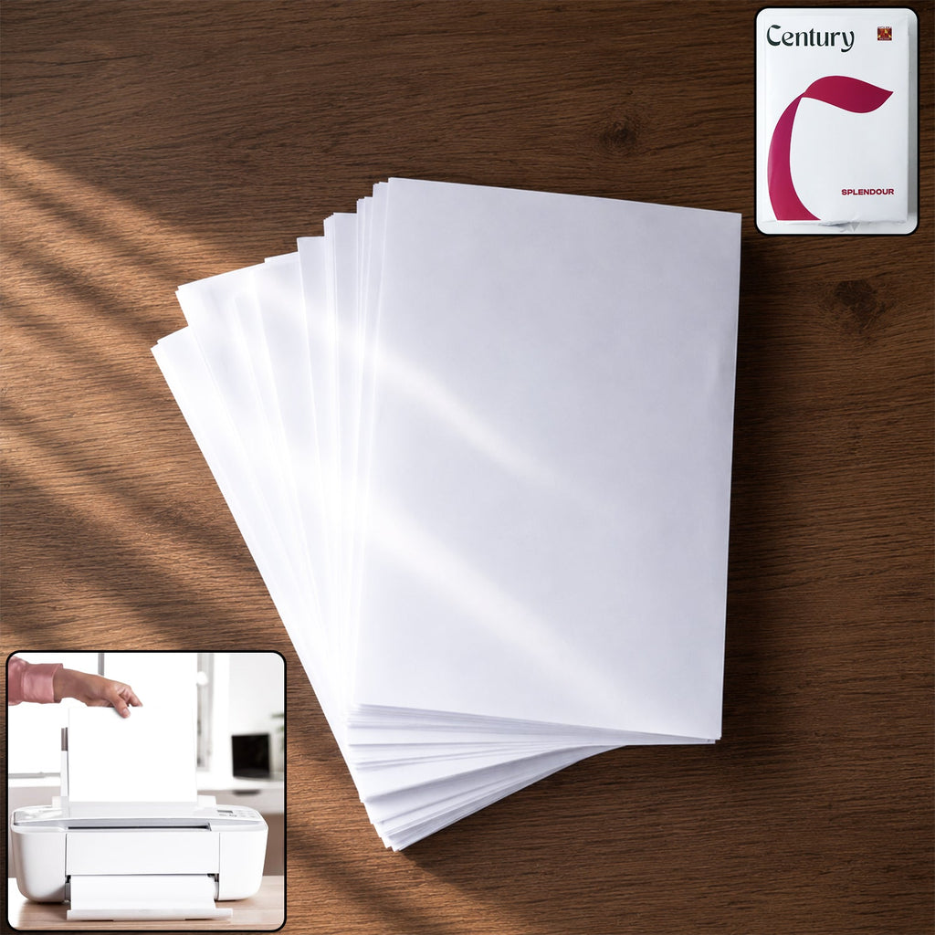 A fanned stack of white A4 paper on a wooden surface with a small Century Splendour logo and a printer inset.