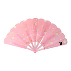 A fully open pink fan with white flowers and text against a plain white background.