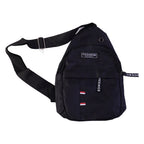 A black sling bag with an adjustable strap, front pocket, and 'FASHION INSTINCT' label.
