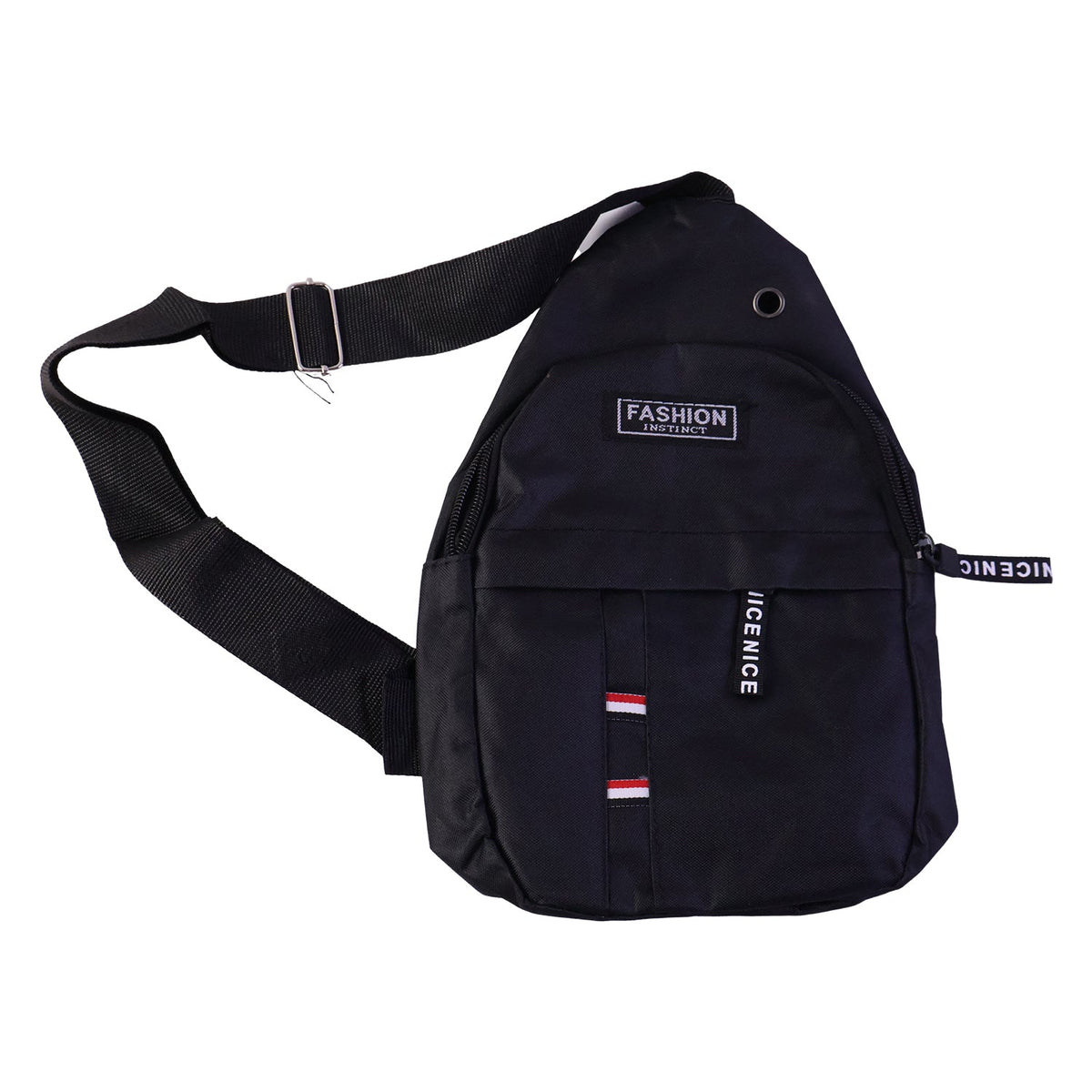 A black sling bag with an adjustable strap, front pocket, and 'FASHION INSTINCT' label.