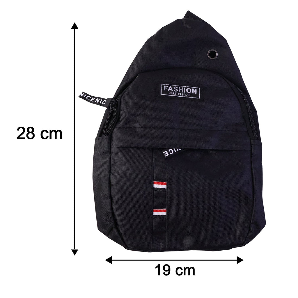 A black sling bag with dimensions indicated: 28 cm height and 19 cm width.