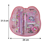 A pink rabbit-themed stationery set in clear packaging with dimensions of 21.5 cm by 24 cm indicated by black arrows.