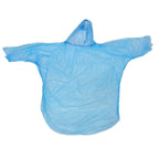 A translucent blue disposable rain poncho with a hood is spread out flat against a plain white background.