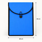 A blue plastic document folder with black trim and elastic closure, showing dimensions of 34 cm height and 26 cm width.
