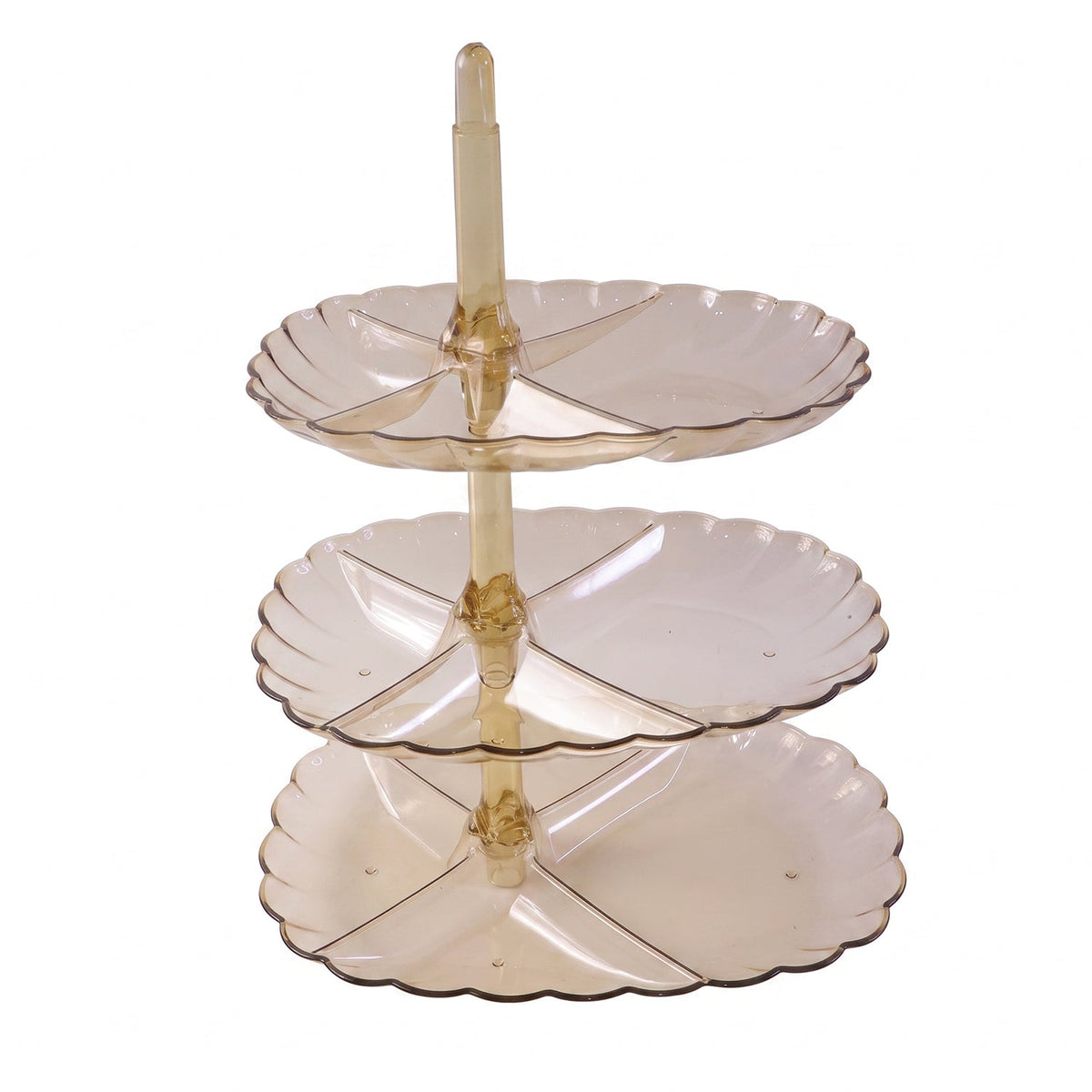 A translucent amber three-tier stand with empty scalloped plates is shown against a plain white background.