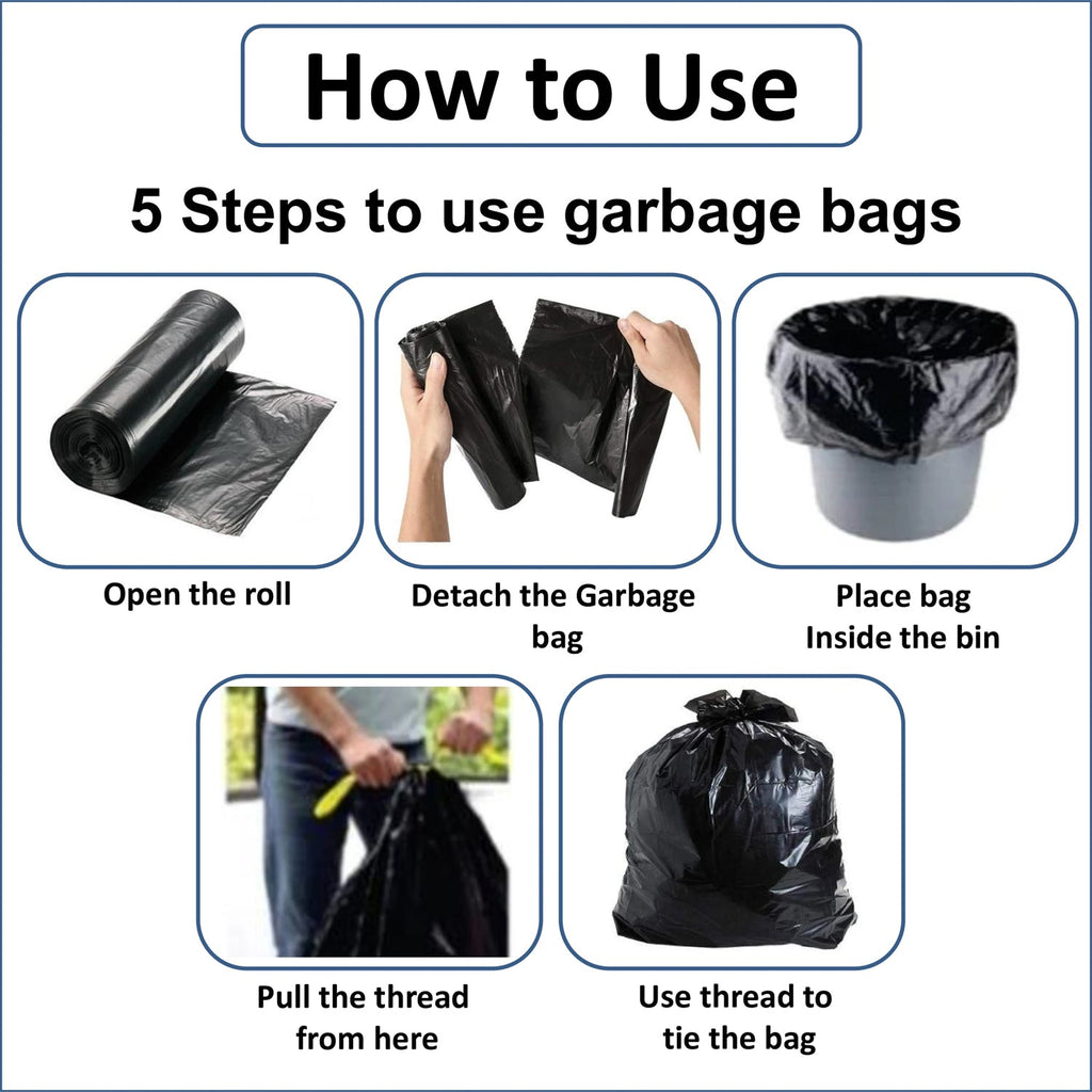 A five-step diagram showing how to use a garbage bag, from unrolling to tying a full bag.