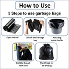 A five-step diagram showing how to use a garbage bag, from unrolling to tying a full bag.