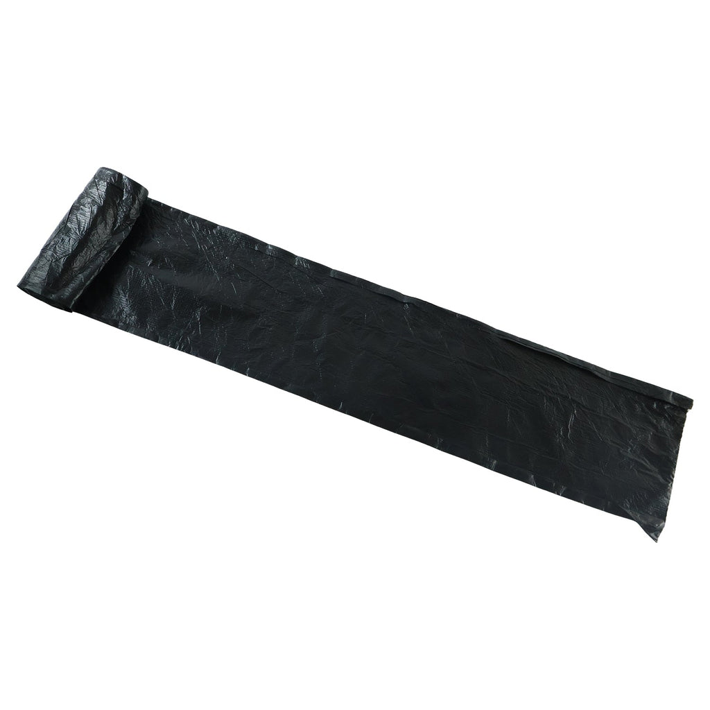 A long, unrolled black plastic garbage bag with a slight diagonal tilt on a white background.