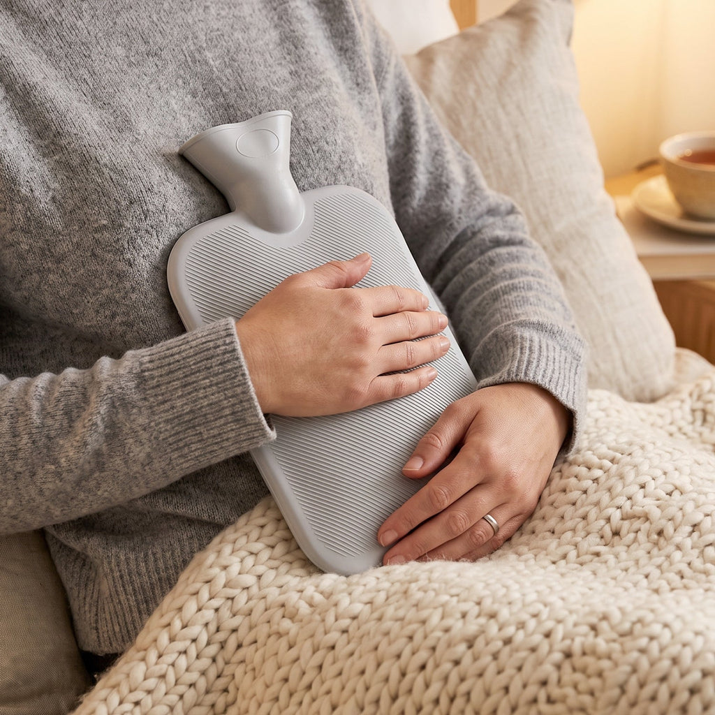 A person in a grey sweater holds a grey ribbed hot water bottle to their chest, with a cream knitted blanket on their lap.