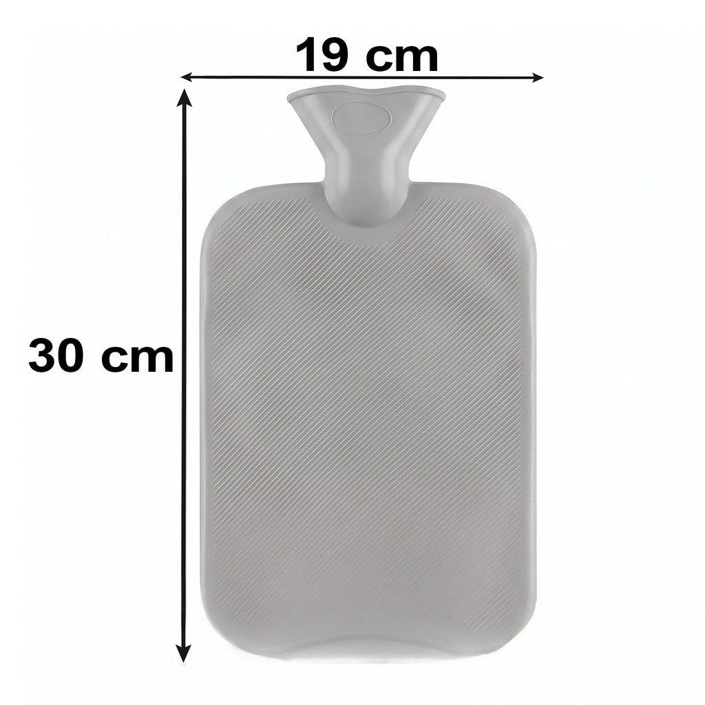 A grey ribbed hot water bottle is shown with dimensions: 30 cm height and 19 cm width, against a white background.