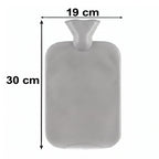 A grey ribbed hot water bottle is shown with dimensions: 30 cm height and 19 cm width, against a white background.