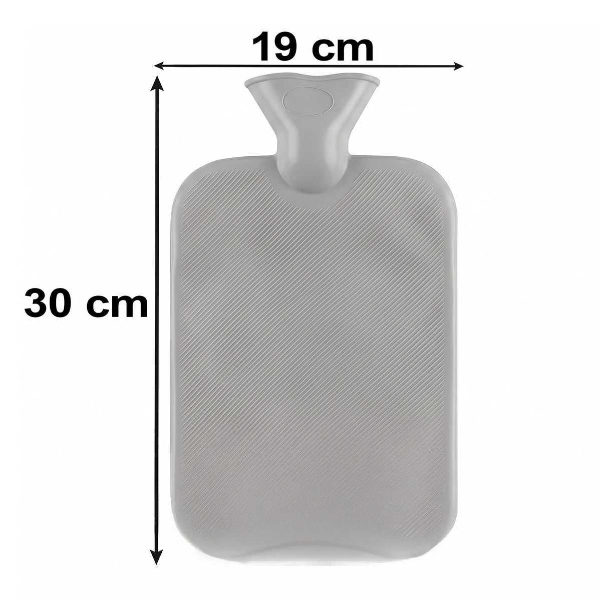 A grey ribbed hot water bottle is shown with dimensions: 30 cm height and 19 cm width, against a white background.