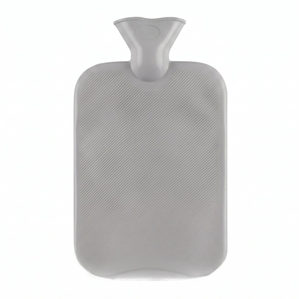 A grey ribbed hot water bottle with a wide neck and textured surface is displayed against a plain white background.