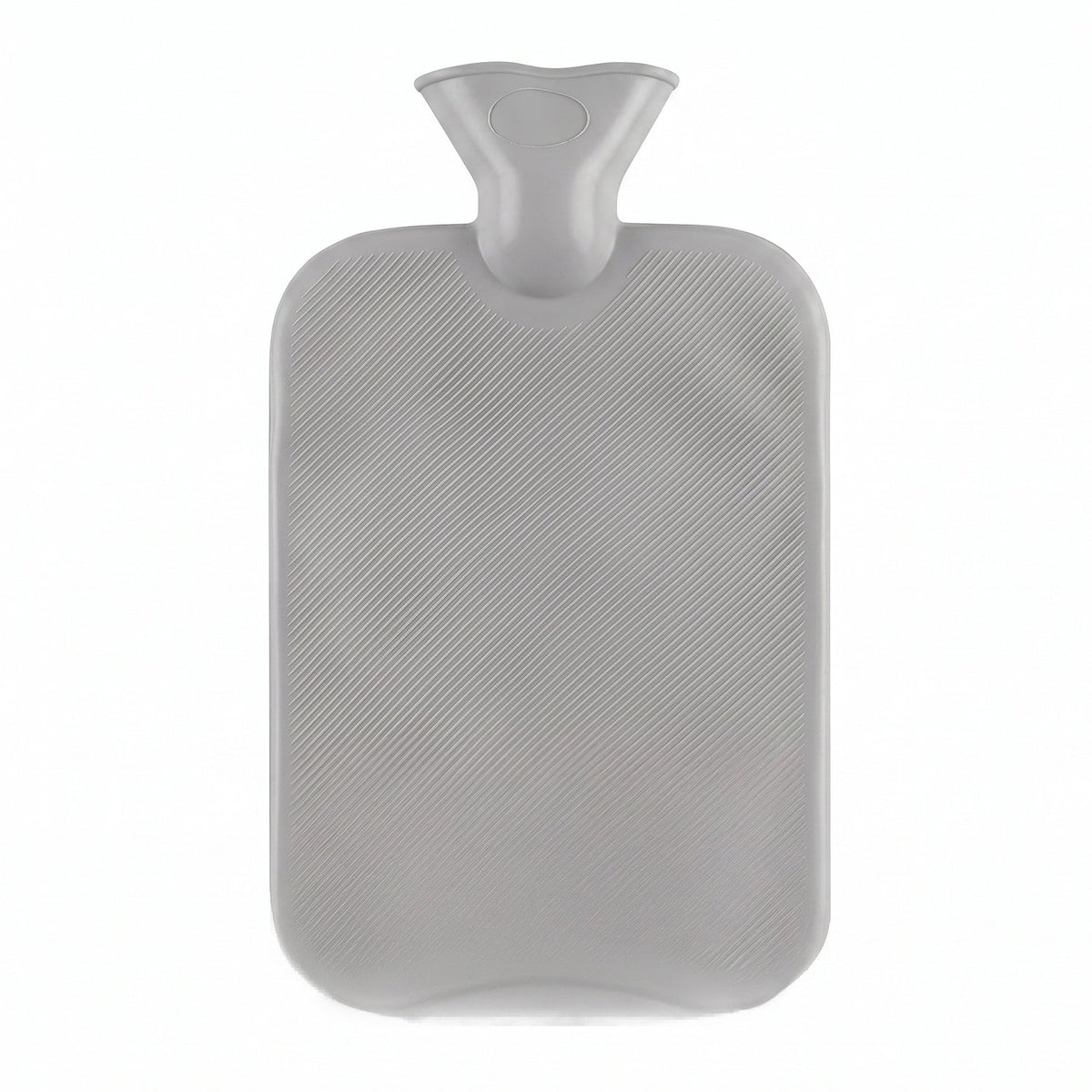A grey ribbed hot water bottle with a wide neck and textured surface is displayed against a plain white background.