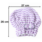 A purple and white chevron microfiber hair towel with a grey bow, showing dimensions of 26 cm by 27 cm.