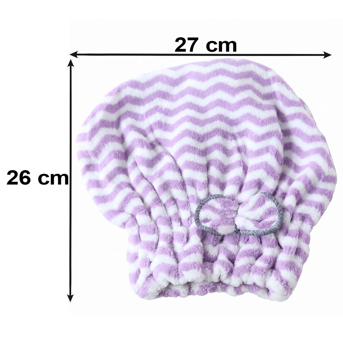 A purple and white chevron microfiber hair towel with a grey bow, showing dimensions of 26 cm by 27 cm.