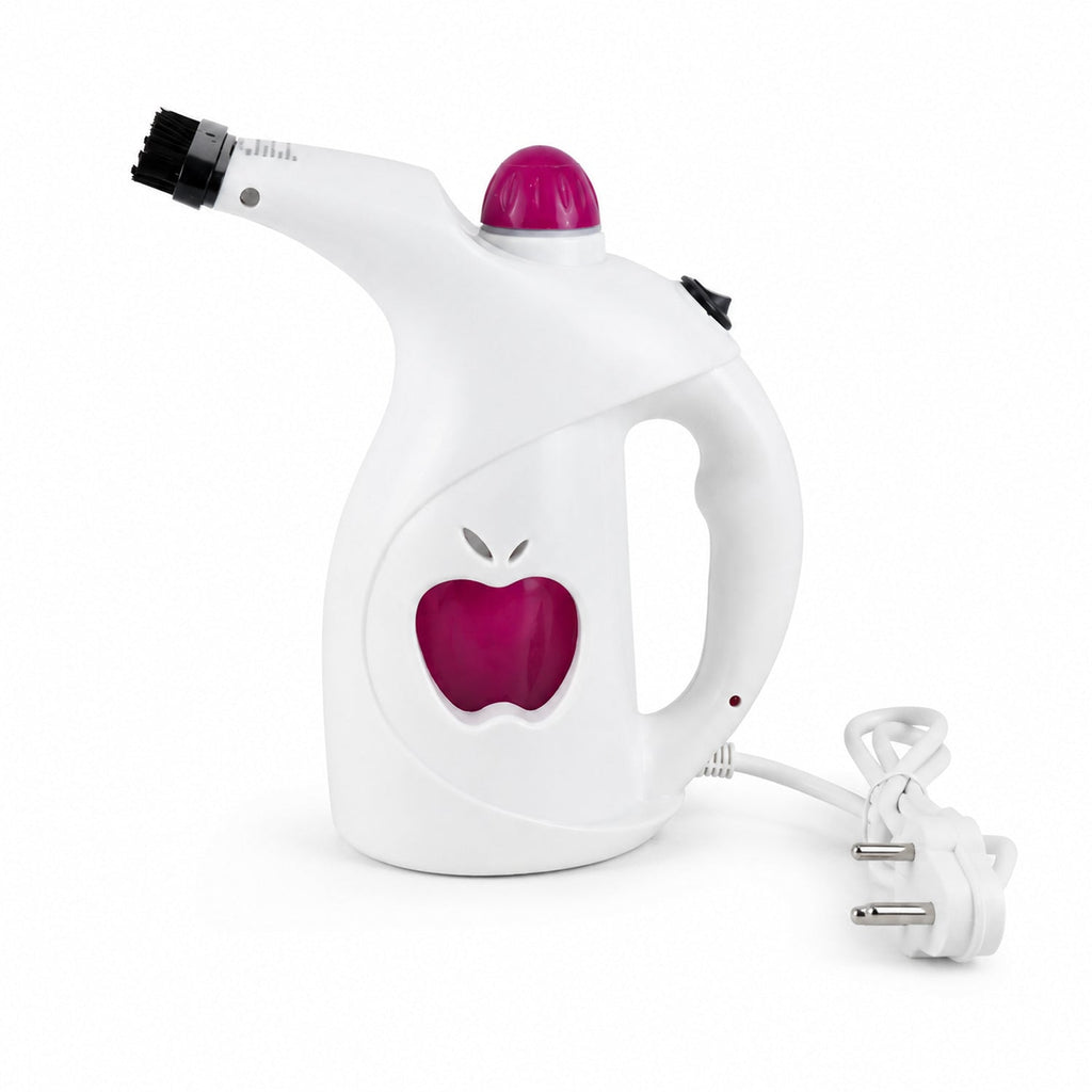 A white and pink handheld steamer with an apple logo, brush head, and power cord on a white background.