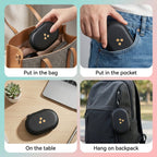 Four panels show the black hard shell case being placed in a bag, a pocket, on a table, and hanging from a backpack.