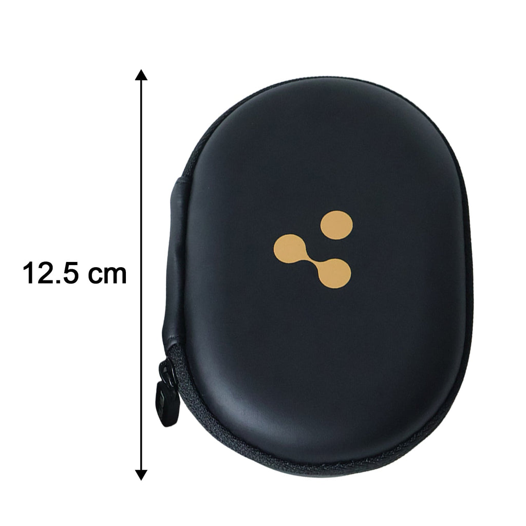 A closed black hard shell case with a gold three-dot logo has a vertical arrow indicating its 12.5 cm length.