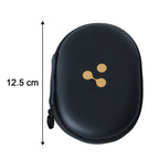 A closed black hard shell case with a gold three-dot logo has a vertical arrow indicating its 12.5 cm length.